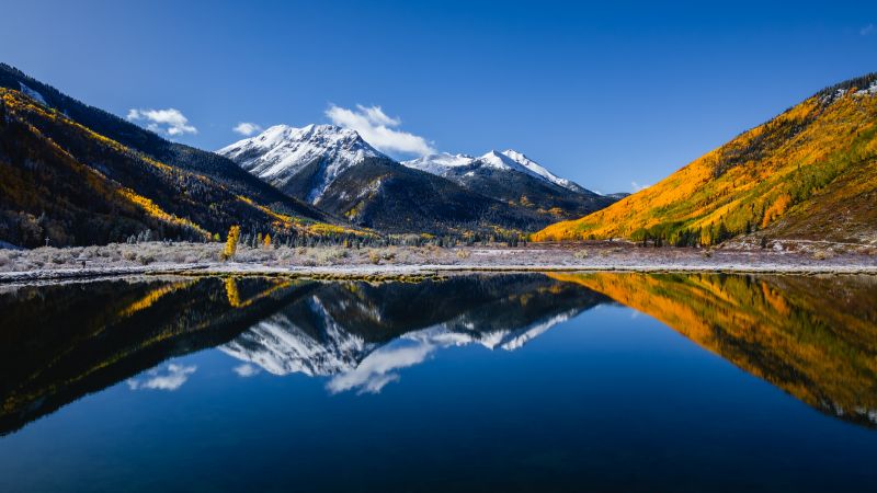 Crystal Lake, Aesthetic, Colorado, Landscape, North America, Outdoor, Mountains, Fall, 5K, Reflections, Clear sky, Wallpaper