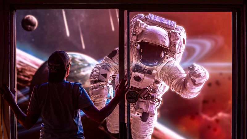 Astronaut, Dreamy, Window, 5K, Space exploration, Wallpaper