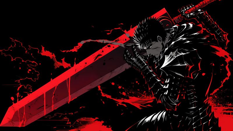 Guts (Berserk), Dark red, AMOLED, Neon art, Black background, Wallpaper