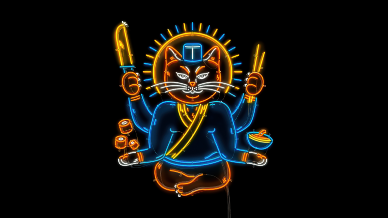 Sushi cat, Neon sign, Japanese culture, 5K, AMOLED, Glow in dark, Black background, Wallpaper