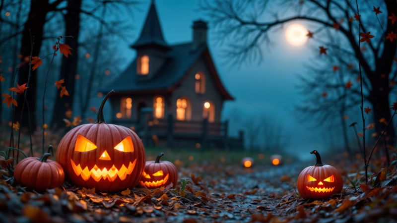 Haunted house, Halloween pumpkins, Halloween night, Jack-o'-lantern, 5K, Wallpaper