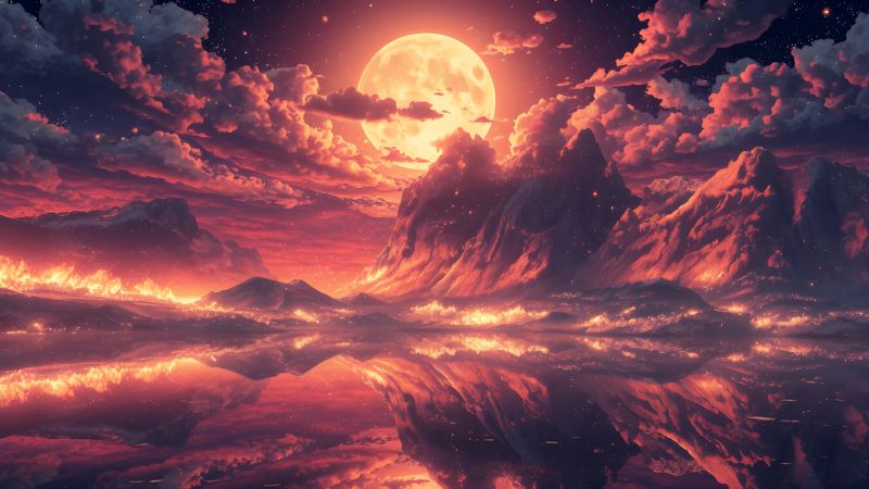 Volcanic, Moon, Burning Sky, Ethereal, Dreamlike, Apocalyptic, Celestial, Landscape, Digital Art, 5K, Wallpaper