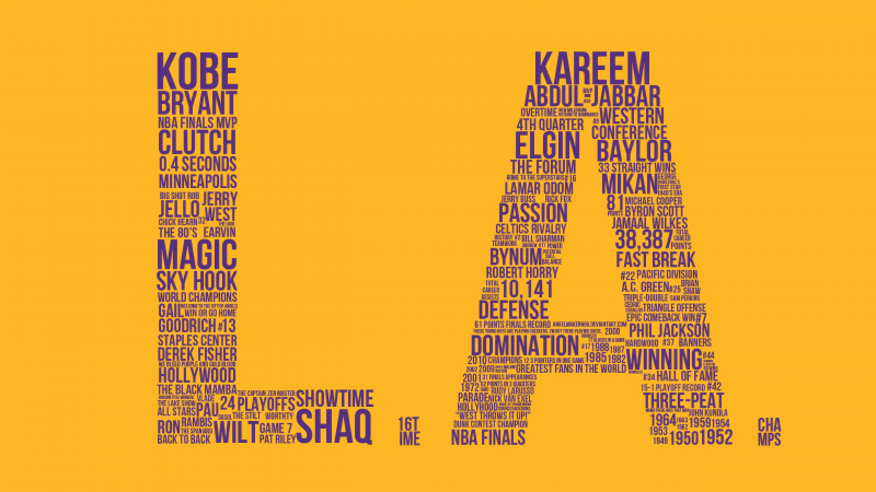 Los Angeles Lakers, Typography, Yellow background, Kobe Bryant, 5K