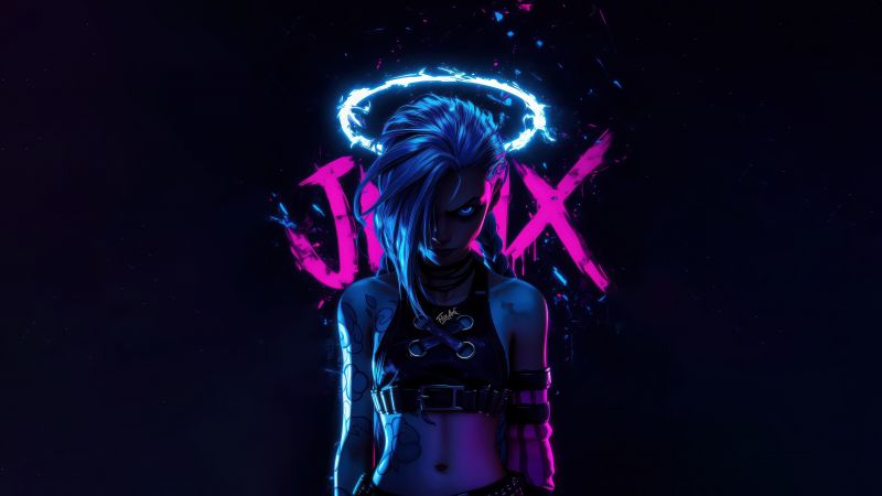 Jinx (Arcane), Neon art, Dark background, 5K, League of Legends