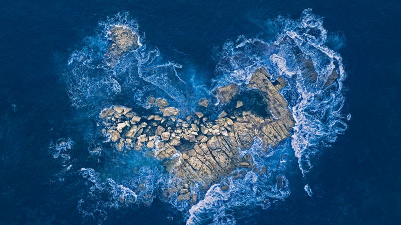 Heart shape, Rock island, Ocean Waves, Aerial Photography, Love heart, Blue aesthetic, Ocean blue, 5K