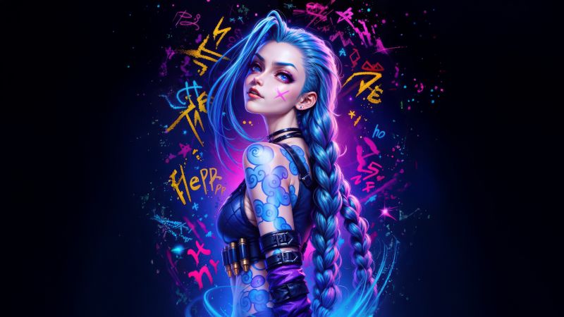 Jinx, Colorful art, Arcane: League of Legends, AI art, Dark background, Neon art, 5K