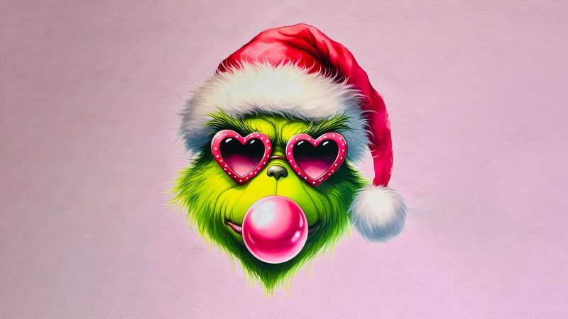 Preppy Grinch, 5K, Pink background, Pastel pink