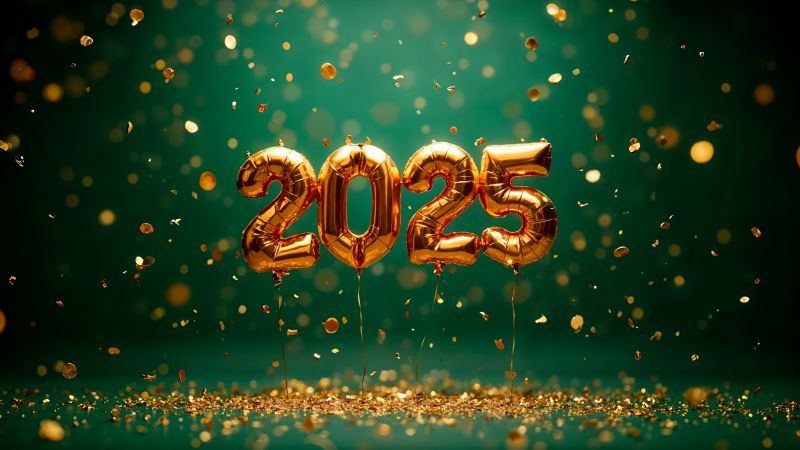 2025 New Year, Foil balloons, Golden, Confetti, 5K, Wallpaper