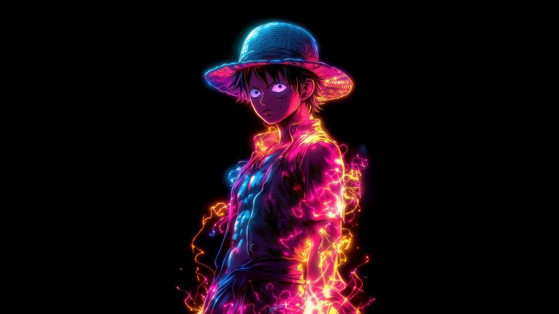 Monkey D. Luffy, Neon art, 5K, 8K, Black background, One Piece