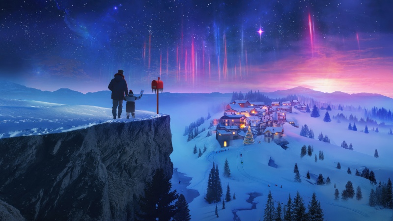 Snowy village, Winter, Aurora sky, Night sky, Christmas Eve, Magical, Cliff, Father - Son, Holidays, Northern Lights, 5K, Snow covered, Wallpaper