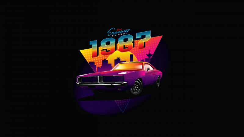 Dodge Charger, California, Summer, AMOLED, 5K, Purple, Black background, Vintage car, Synthwave