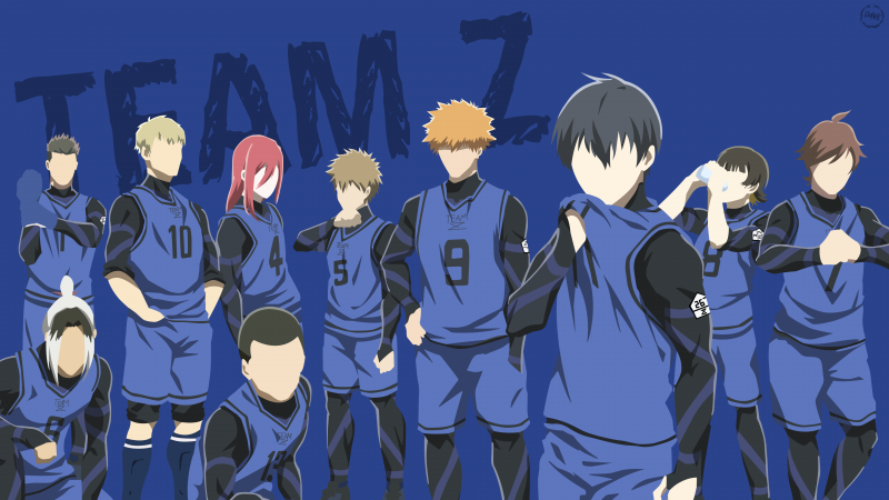 Team Z (Blue Lock), Faceless, Blue background, Blue Lock, Team Z, Yoichi Isagi, Meguru Bachira, Rensuke Kunigami, Hyoma Chigiri, Gin Gagamaru, Jingo Raichi, Gurimu Igarashi, Wataru Kuon, Asahi Naruhaya, Yudai Imamura, Okuhito Iemon