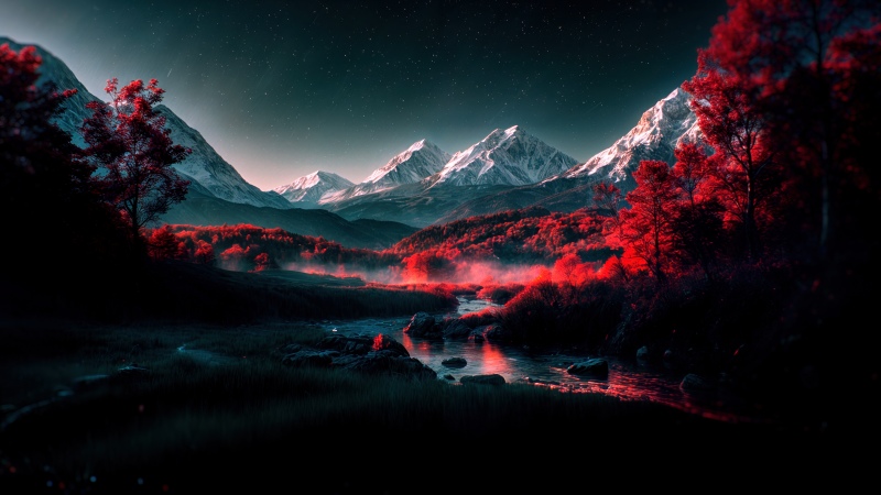 Dramatic, Scenery, Landscape, Scenery, Mountains, Forest, River, Night, Starry sky, Trees, Fog, Red aesthetic