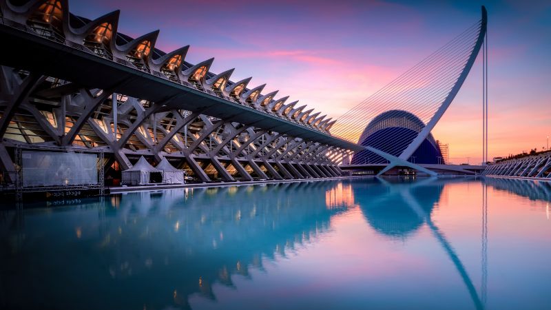 City of Arts and Sciences, Spain, Valencia, Sunrise, Pool, Reflection, Architecture, 5K, Wallpaper