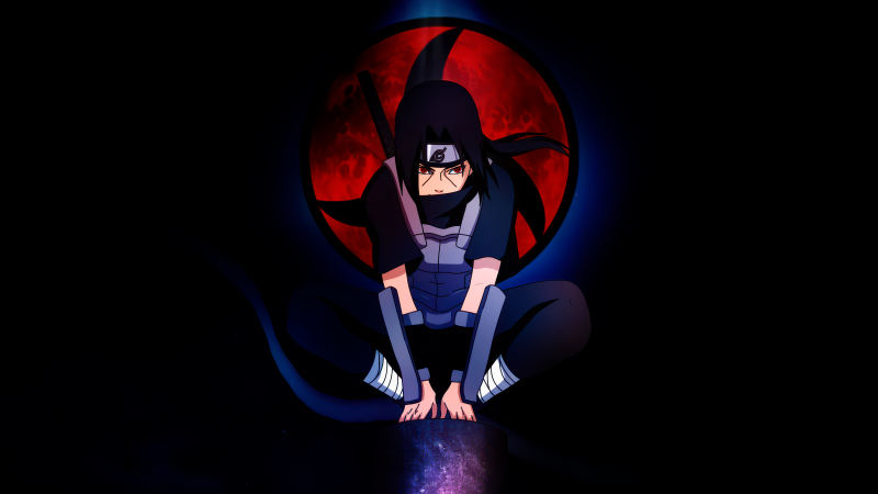 Itachi Uchiha, Pose, Sharingan, Dark aesthetic, AMOLED, Black background, Naruto