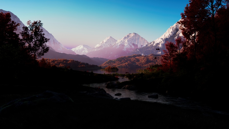 Mountain range, Landscape, Scenery, Majestic, Lake, Trees, Forest, Outdoor, Scenic, Peaceful, Serenity, Snowcapped mountains, Autumn foliage