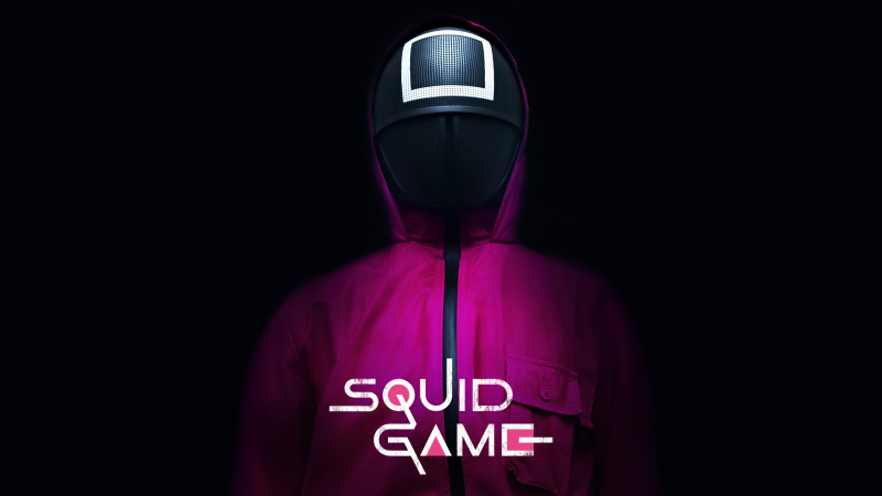 Squid Game, Square mask, 5K, Black background, Netflix series