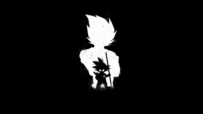 Goku, Black and White, Silhouette, AMOLED, Minimalist, 5K, Black background