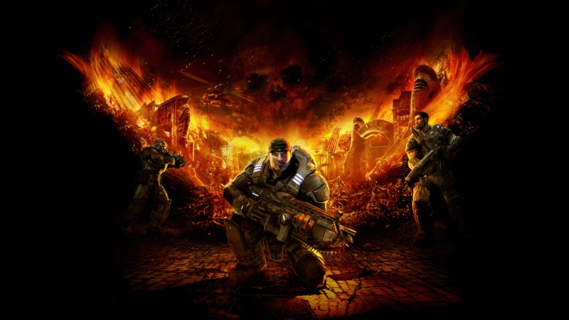 Gears of War, Game Art, Marcus Fenix, 5K, Dark background, Fire effect