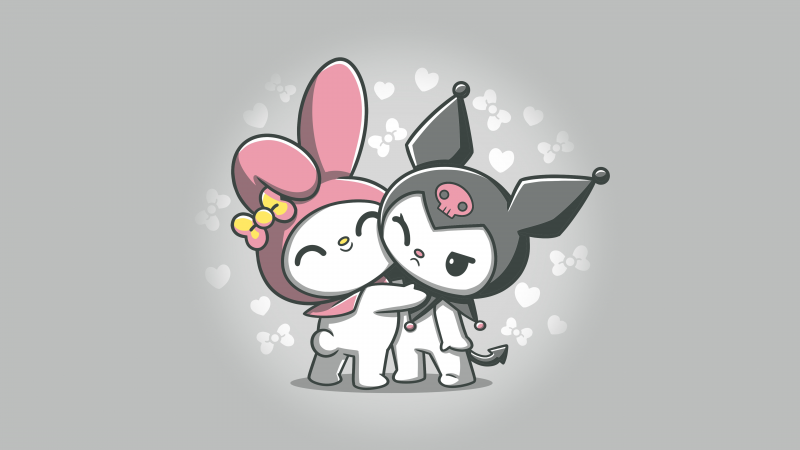 My Melody and Kuromi, Hug, Kawaii cartoon, Friends, Friendship, My Melody, Kuromi, 5K, 8K, Grey background, Sanrio