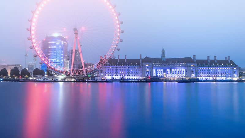 London Eye, Ferris wheel, River Thames, Cityscape, Dawn, Morning fog, Sky view, Water, Reflection, Wallpaper