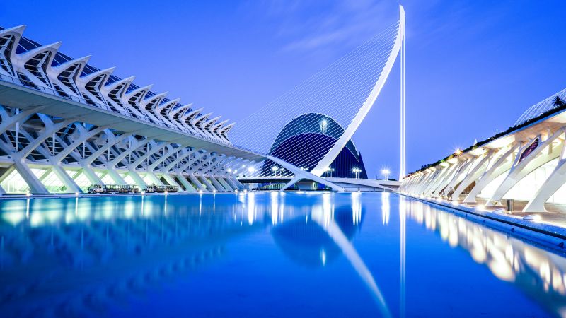 City of Arts and Sciences, Valencia, Spain, Blue hour, Water, Reflection, Lights, Dusk, 5K, 8K, Wallpaper