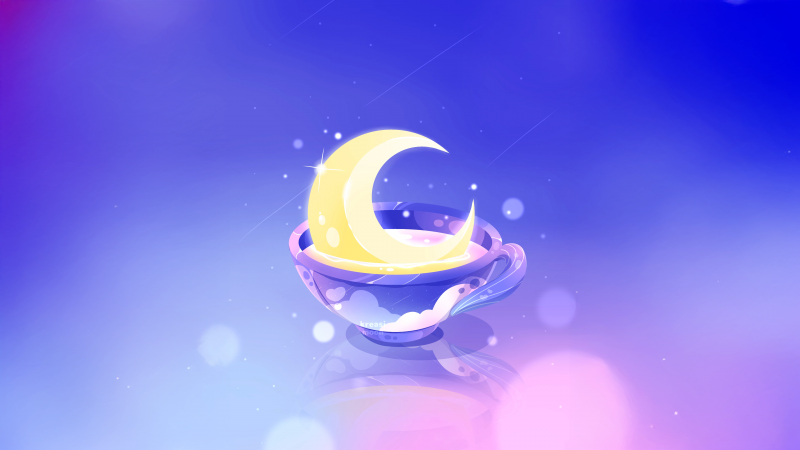 Dreamy, Crescent Moon, Aesthetic, Tea cups, Glowing, Celestial, Magical, Blue and Purple, Sparkling, 5K, Blue gradient, Gradient background