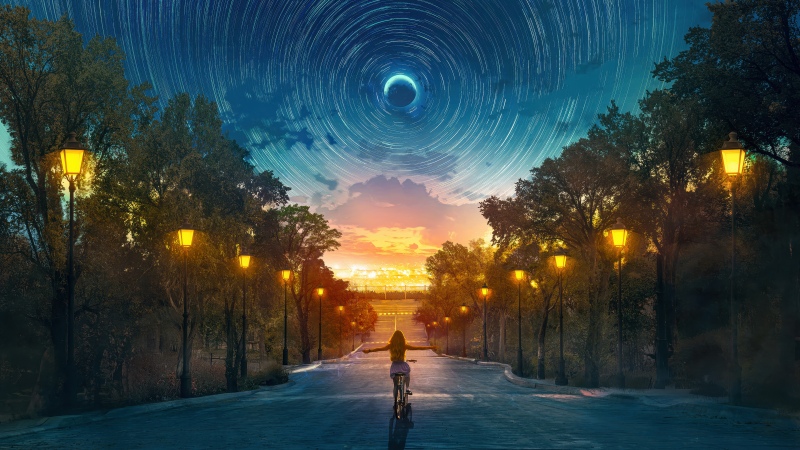 Moon, Star Trails, Dreamy, Surrealism, Dreamlike, Night sky, Cosmic phenomena, Glowing, Street lights, Bicycle, Freedom, Exploration, 5K, Sunset, Dusk, Dream girl