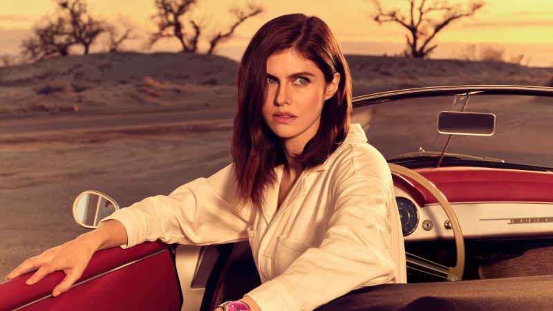 Alexandra Daddario, Retro style, Vintage car, Classic cars, Golden hour, Desert, Fashion, Wallpaper