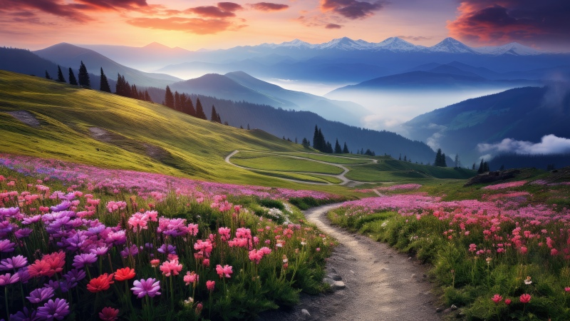 Mountain Landscape, Meadow, Wildflowers, AI art, Scenic, Pathway, Sunset, Rolling hills, Misty mountains, Vibrant, Peaceful, Valley, Outdoor, 5K