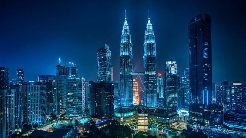 Petronas Towers, Kuala Lumpur, Malaysia, Cityscape, Night lights, Blue, Modern architecture, Skyscrapers, 5K, 8K, Wallpaper