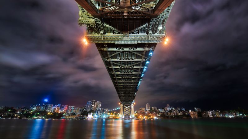 Sydney Harbour Bridge, Australia, Cityscape, River, Reflection, Night lights, Sky view, 5K, Wallpaper