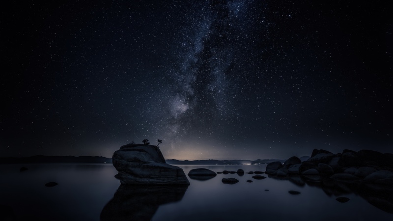 Bonsai Rock, Milky Way, Night, Lake Tahoe, Astrophotography, Night sky, Starry sky, Long exposure, Reflections, Galaxy, Dark Sky, Rock formations, Cosmos, Nightscape, 5K, Nevada, Wallpaper