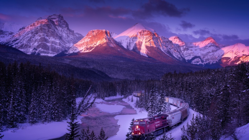 Morant's Curve, Alpenglow, Canadian Rockies, Winter Mountains, Winterscape, Winter forest, Snowy Mountains, Train, Sunset, 5K, Frozen, Pine trees, Scenic, Banff National Park, Majestic