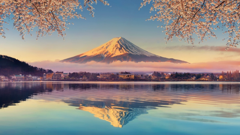 Lake Kawaguchi, Mount Fuji, Cherry blossom, Aesthetic, Sakura, 5K, Japan, Sunrise, Reflection, Serene, Spring, Snow covered, Pastel, Tourist attraction, Iconic