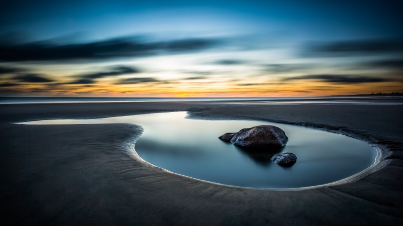 Tide pool, Beach, Sunset, Seascape, Long exposure, Reflection, Clouds, Coastal, Tranquility, Serene, Landscape, Ocean, Horizon, Golden hour, 5K, Smooth, Wallpaper