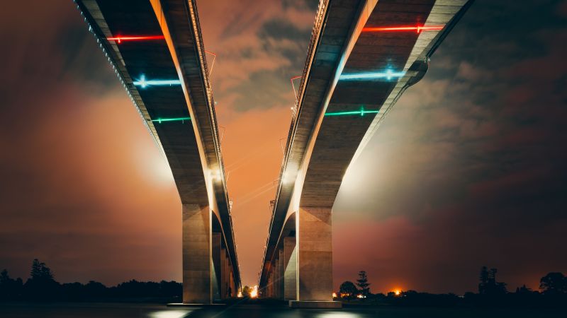 Two Bridges, Low Angle Photography, Structure, Lights, Dusk, Clouds, Sky view, Wallpaper