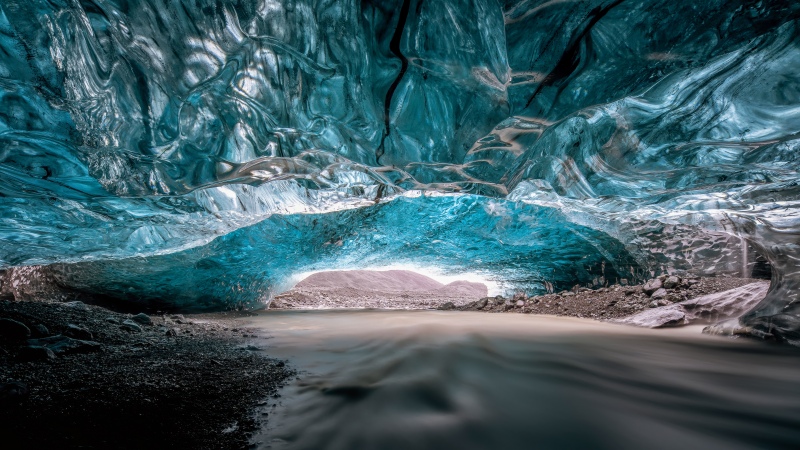 Ice Cave, Heading North, Sapphire cave, Glacier, Iceland, Ultrawide, 5K, Wallpaper