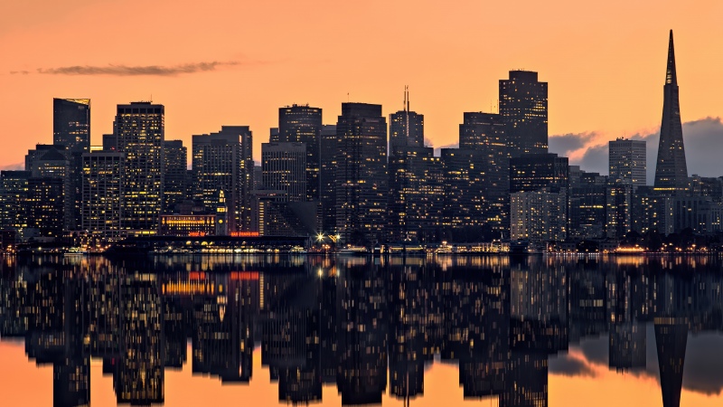 San Francisco, Golden hour, Cityscape, City Skyline, Sunset, Urban, Skyscrapers, Metropolitan, Reflections, 5K, Orange sky, High rise building, Wallpaper