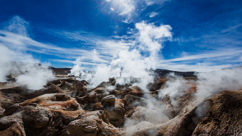 Sol de Manana, Geothermal field, Bolivia, Volcanic, Sunny day, 5K