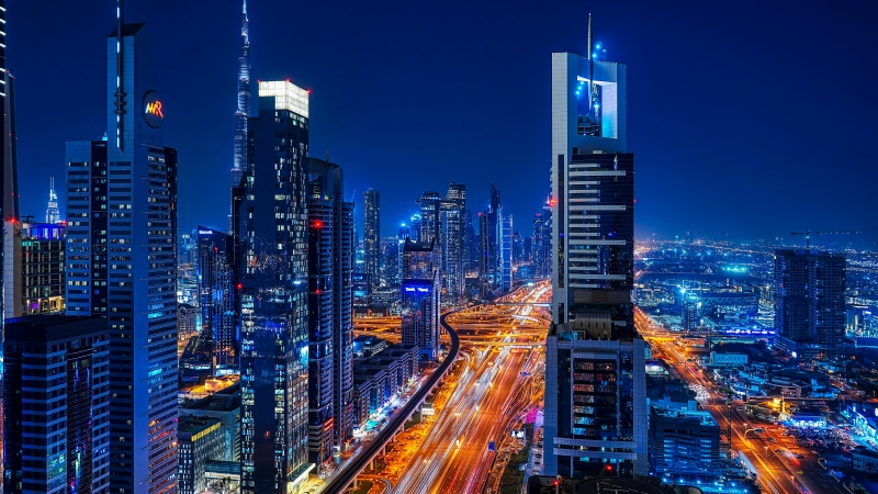 Dubai, Sheikh Zayed Road, Skyscrapers, City lights, Urban, Nightscape, Night City, Modern architecture, Downtown Dubai, High rise building, Dubai City Skyline, 5K, Long exposure, Night illumination, Night time, Wallpaper