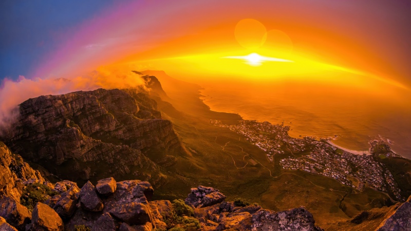 Table Mountain, Sunset, Cape Town, Golden hour, Scenic Spot, Cliff, Horizon, Dramatic, South Africa, 5K, Aerial Photography, Aerial view, Wallpaper