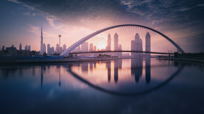 Tolerance Bridge, Dubai, Modern architecture, Dubai City Skyline, United Arab Emirates, Urban, Sunset, Cityscape, Waterfront, Symmetry, Iconic, Skyscrapers, 5K