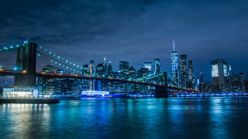 Brooklyn Bridge, Manhattan Skyline, Waterfront, New York, Cityscape, Blue, Night life, Body of Water, Clear sky, Modern architecture, 5K, Wallpaper
