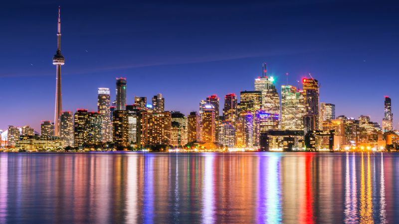 Toronto Skyline, Skyscrapers, Canada, Cityscape, Night lights, Waterfront, Dusk, Reflections, Architecture, Clear sky, Multicolor, 5K, Wallpaper