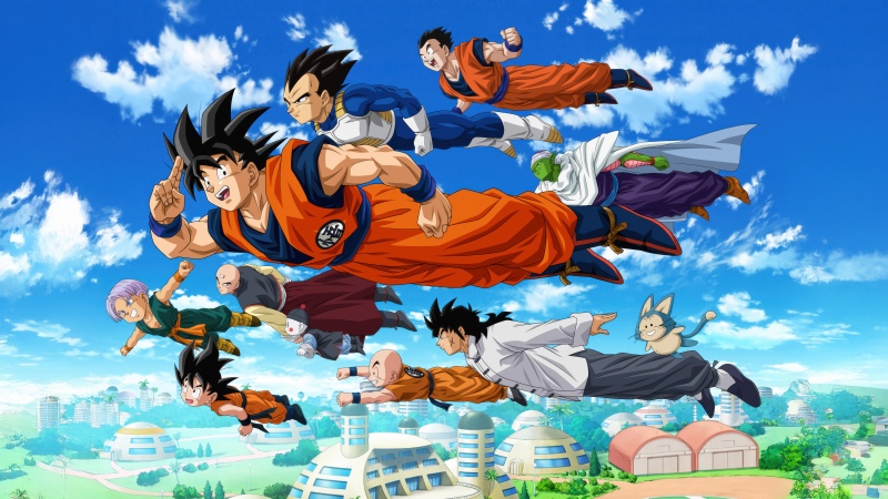 Dragon Ball Super, Classic, Flying together, Character poster, 5K, Goku, Vegeta, Gohan, Piccolo, Trunks, Wallpaper