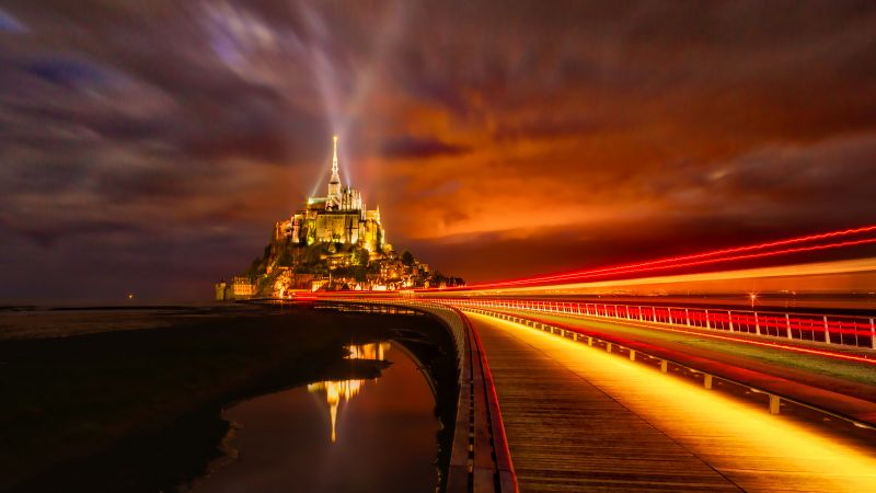 Mont Saint-Michel, France, Cathedral, Monastery, Church, Night time, Light Streaks, Island, Orange, Red, 5K, Wallpaper