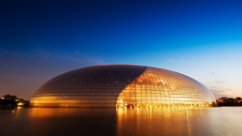 National Centre for the Performing Arts, China, Modern architecture, Blue Sky, Clear sky, Evening, Lights, Orange, 5K, Wallpaper