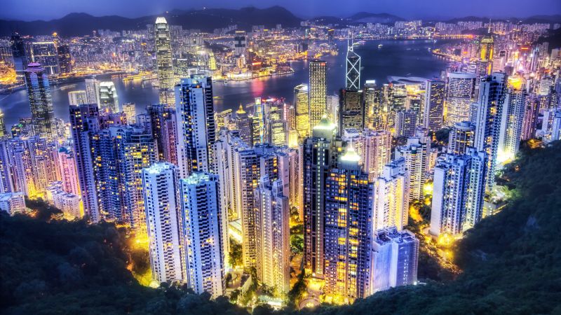 Hong Kong City, Aerial view, Night lights, Cityscape, Sunset, Skyscrapers, Vibrant, Clouds, River, Wallpaper