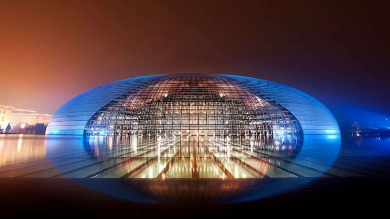National Centre for the Performing Arts, China, Blue light, Glass, Modern architecture, Dome, Reflection, Clear sky, Night lights, 5K, Wallpaper